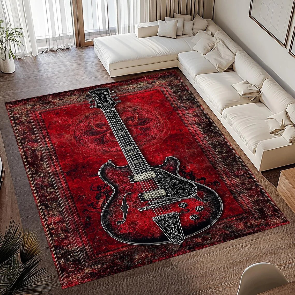 Retro Melody Guitar Design Area Rug with Cozy Flannel and Grip Backing
