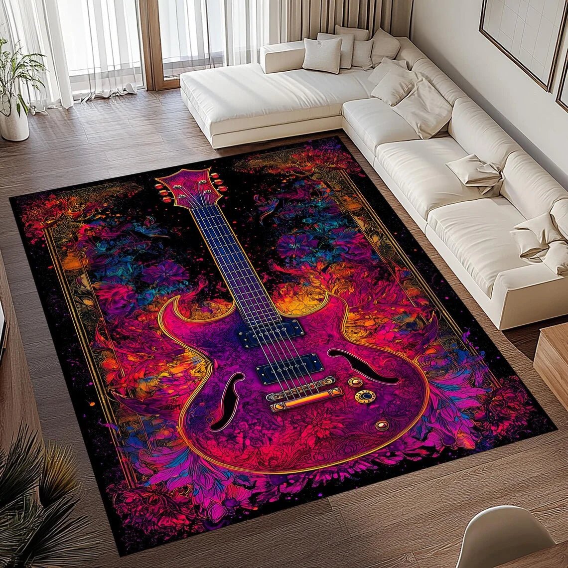 Retro Melody Guitar Design Area Rug with Cozy Flannel and Grip Backing