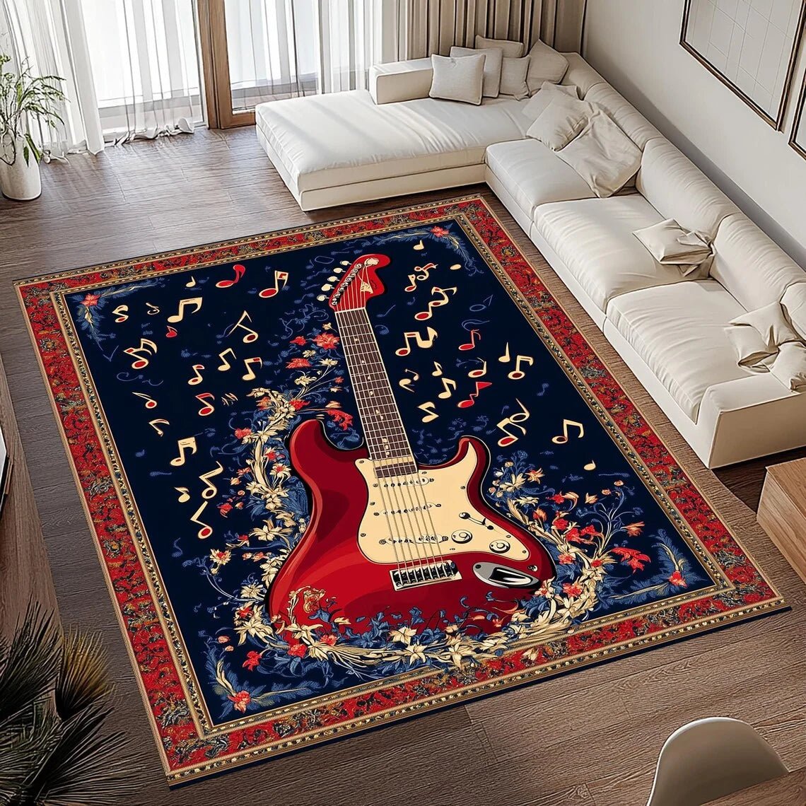 Retro Melody Guitar Design Area Rug with Cozy Flannel and Grip Backing