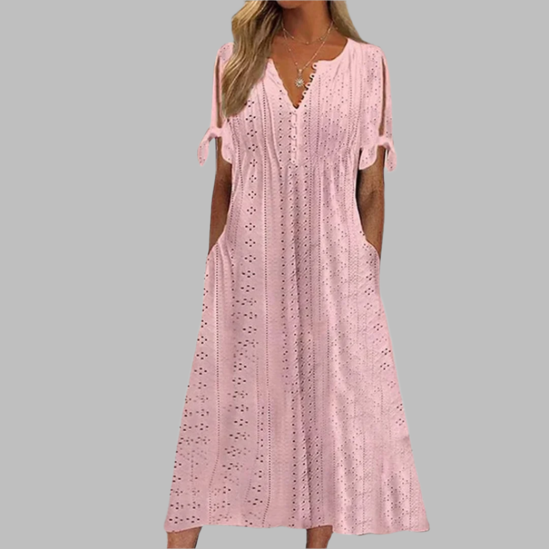 Women’s Eyelet Midi Dress | Tie-Sleeve Details & Side Pockets | Lightweight Boho Style | Comfortable Fit for Summer