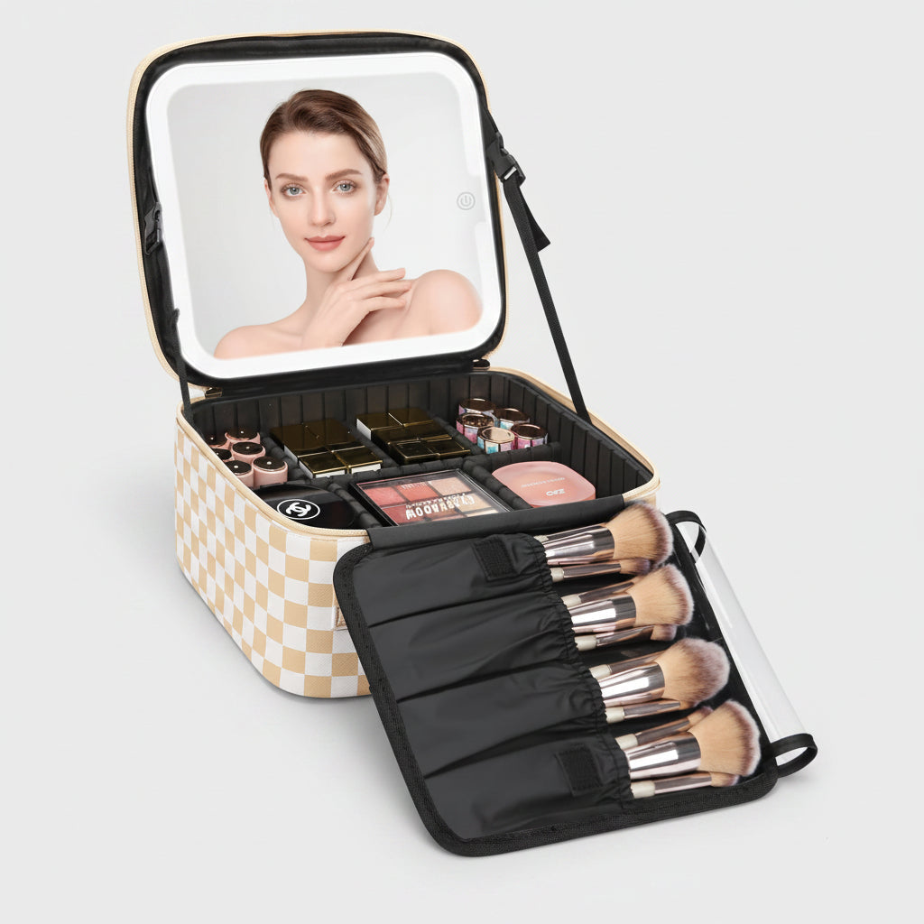 Portable Cosmetic Organizer with LED Mirror for Travel