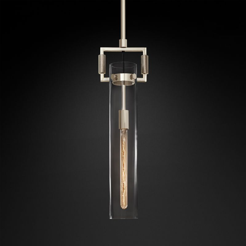Lorian Glass Cylinder Pendant — Industrial Brass and Glass Lighting Fixture