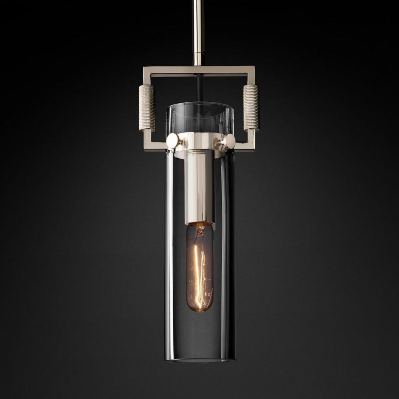 Lorian Glass Cylinder Pendant — Industrial Brass and Glass Lighting Fixture