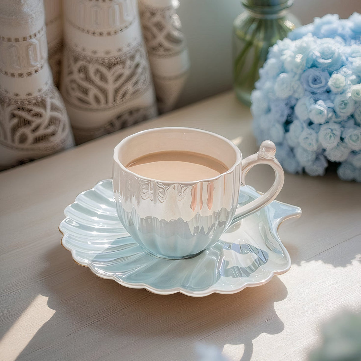 Ocean Pearl Elegance Tea Cup Set – Iridescent Ceramic Collection