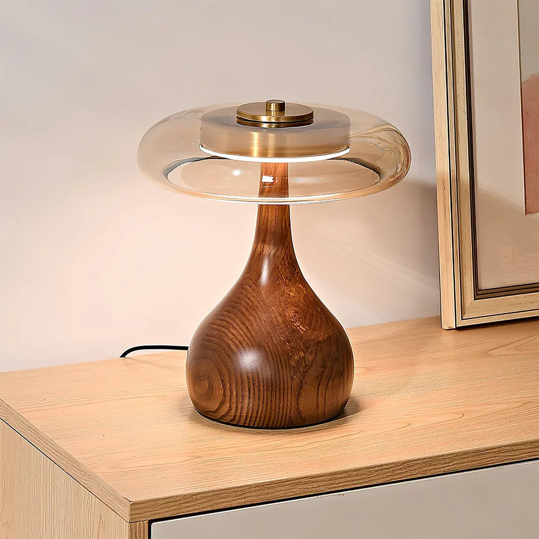 Elegant Walnut and Glass LED Table Lamp with Dimming Feature