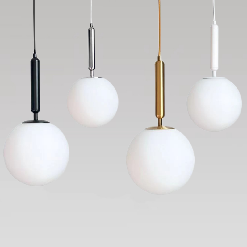 Modern Glass Ball Light Fixtures in black, chrome, gold, and white finishes, featuring sleek LED hanging lights.