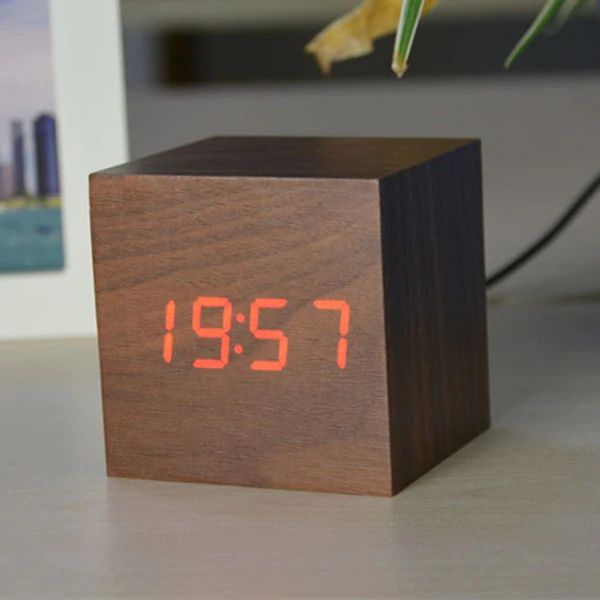 Sleek Bamboo Digital Cube Clock – Perfect for Any Space