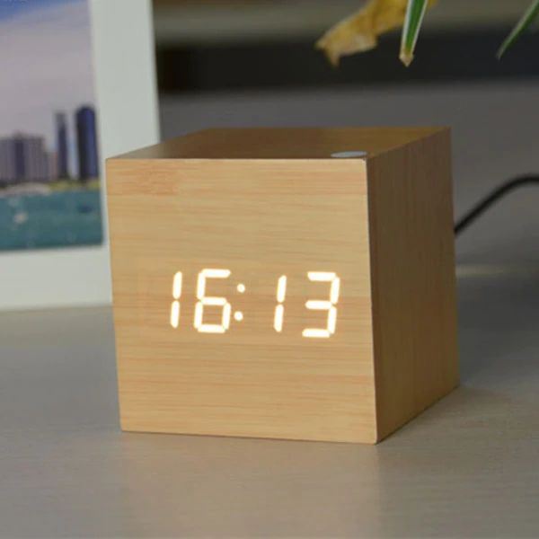 Sleek Bamboo Digital Cube Clock – Perfect for Any Space