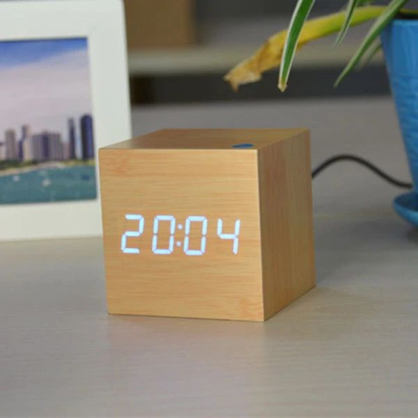 Sleek Bamboo Digital Cube Clock – Perfect for Any Space