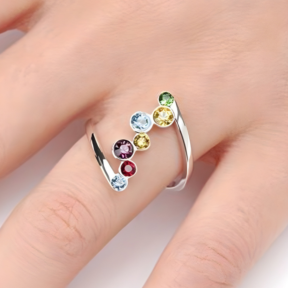 Adjustable Silver Birthstone Ring with Vibrant Colors