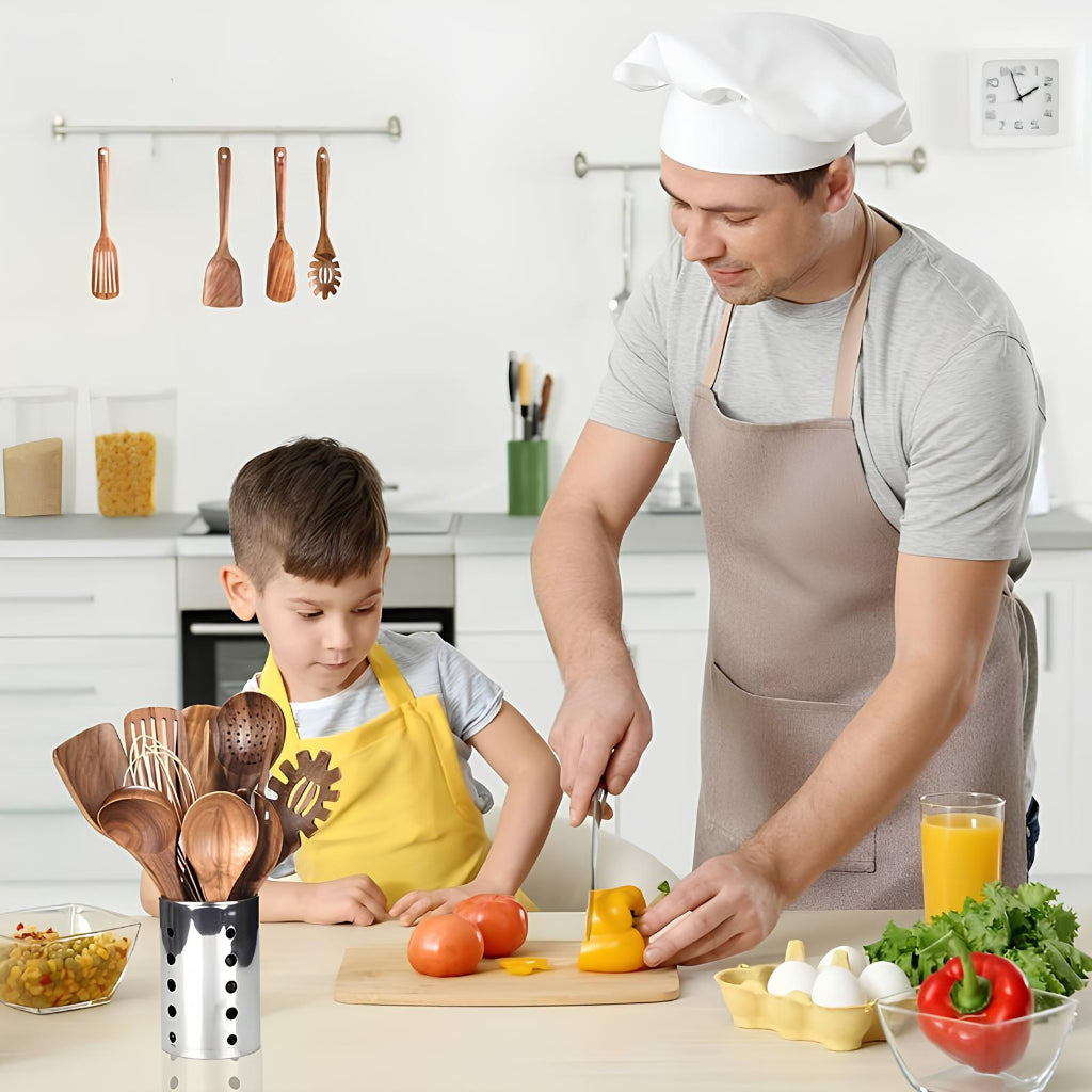 Complete Cooking Tools Set with Countertop Holder – Natural Wood Utensils