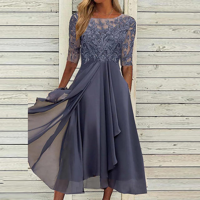 Women’s Lace Midi Dress | Draped Chiffon Skirt & Illusion Neckline | Polyester | Elegant Evening Wear
