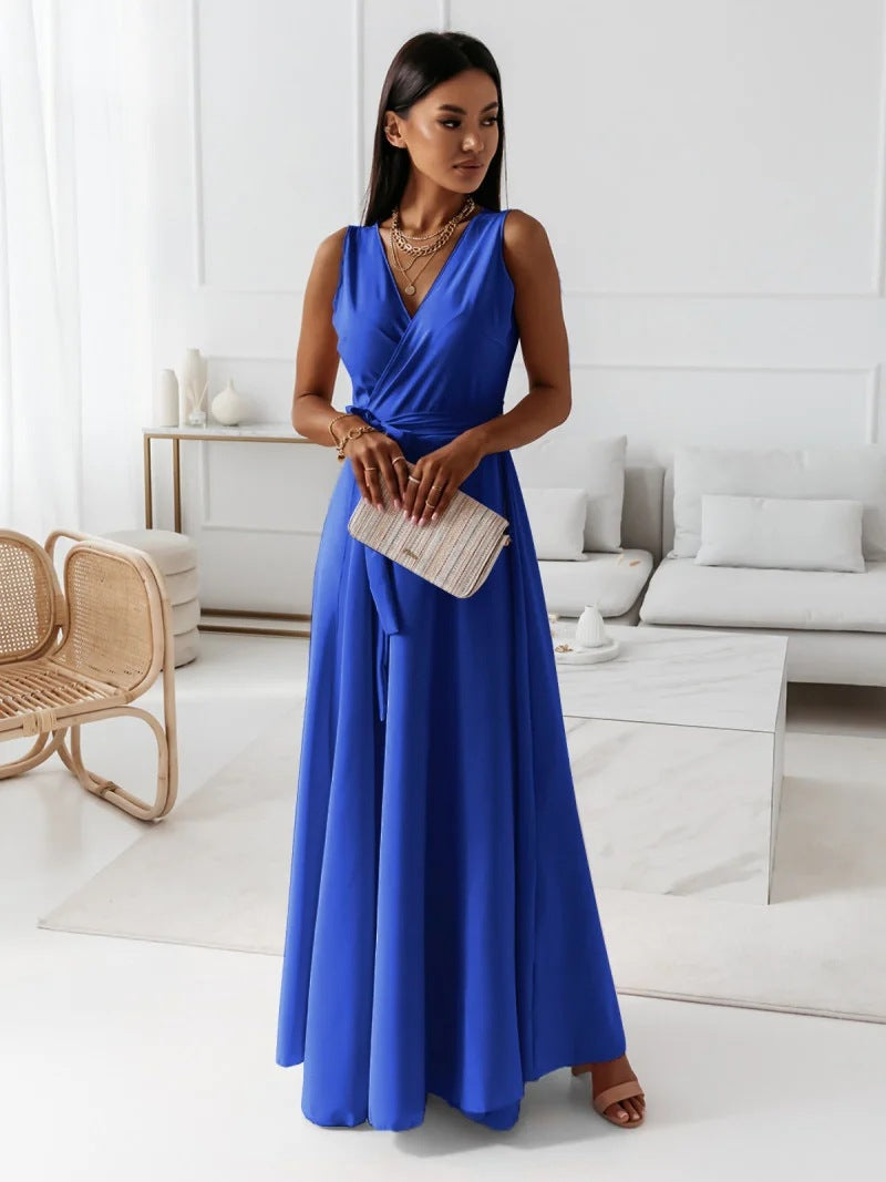 Women’s Maxi Evening Dress | Sleeveless V-Neck Wrap Design | Premium Fabric | Adjustable Waist Tie