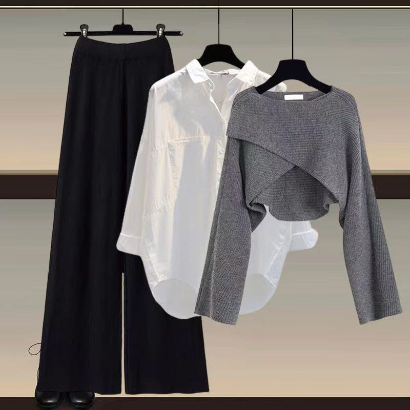 Women’s Three-Piece Comfort Set | Asymmetrical Knit & Wide-Leg Trousers | Soft Stretch Fabric | Versatile Styling