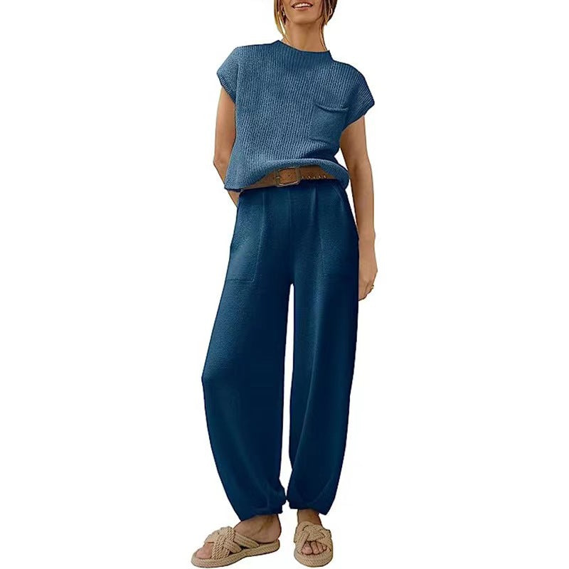 Women’s Two-Piece Knit Lounge Set | Short-Sleeve Top & High-Waisted Pants | Polyester & Elastane | Comfortable Fit