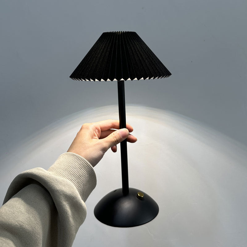 Contemporary Scandinavian Rechargeable Conical Pleated LED Table Lamp made of Iron Fabric for Nightstand
