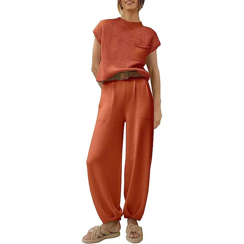 Women’s Two-Piece Knit Lounge Set | Short-Sleeve Top & High-Waisted Pants | Polyester & Elastane | Comfortable Fit