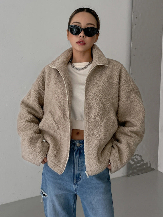 Women’s Oversized Wool Jacket | Fleece Warmth & Stand-Up Collar | Zipper Closure | Comfortable Fit for Winter