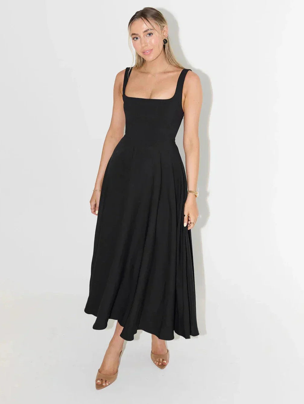Women’s Midi Dress | High Waist & Square Neckline | Polyester Fabric | Comfortable Fit
