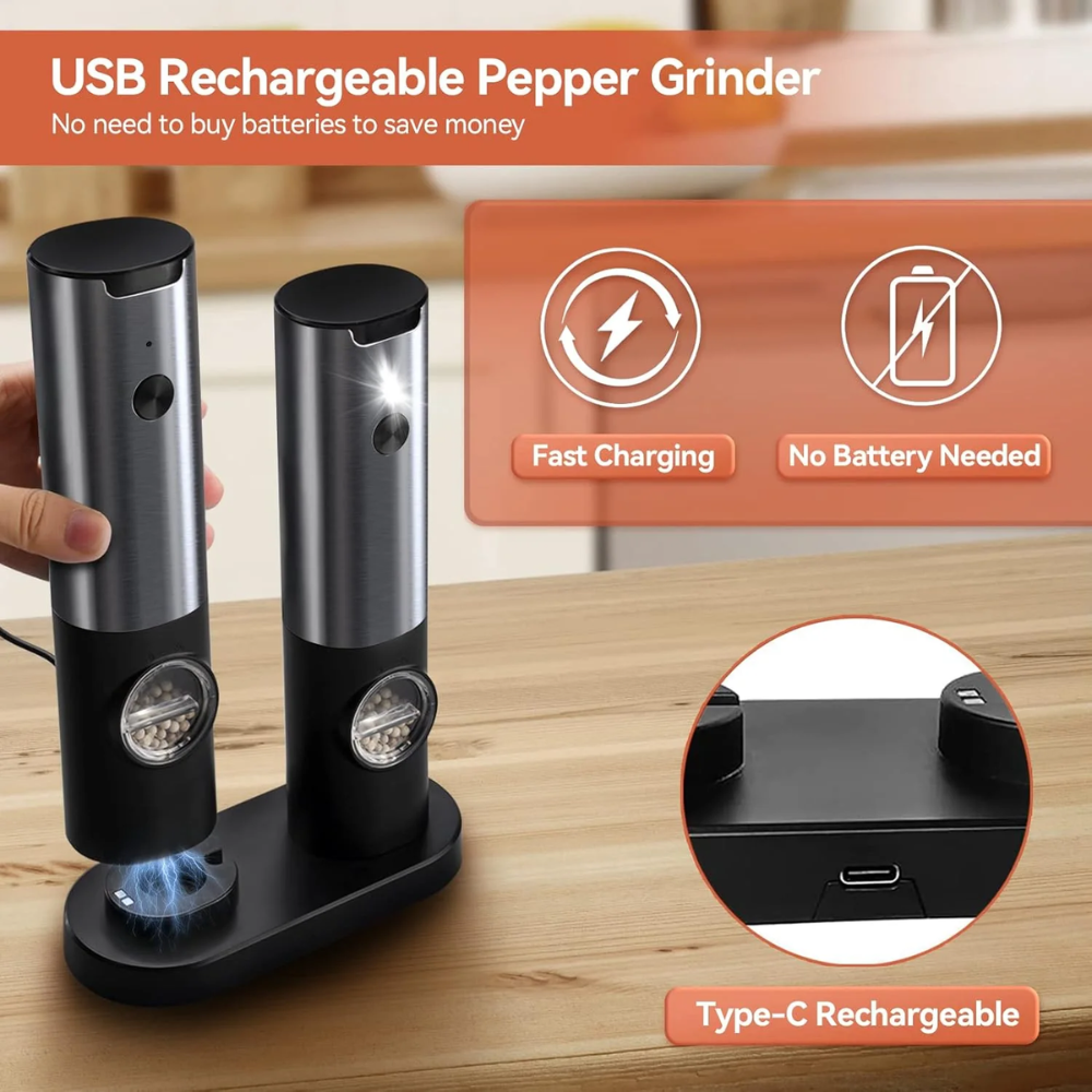 Automatic Electric Grinder Set for Salt and Pepper - Rechargeable