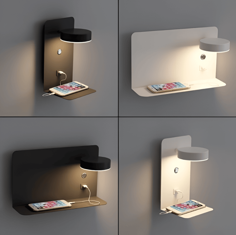 Sleek Bedside Lamp with Integrated Shelf and USB Charger