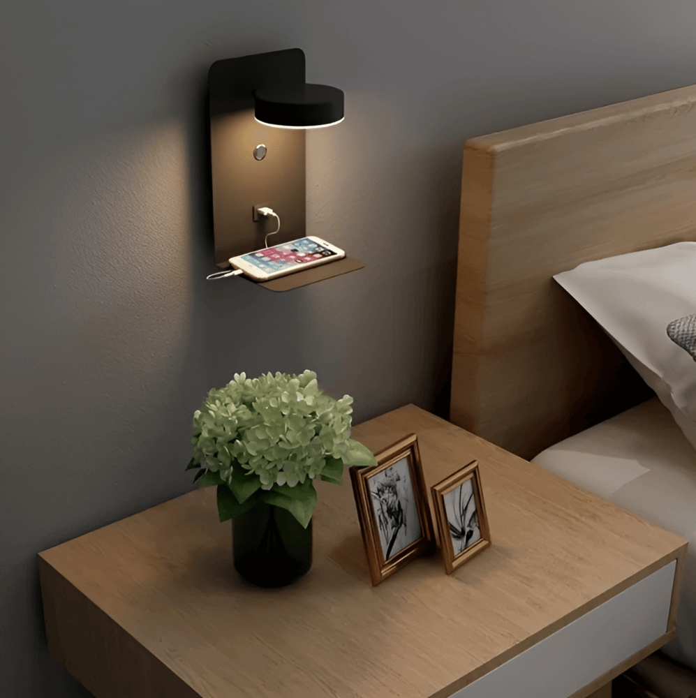 Sleek Bedside Lamp with Integrated Shelf and USB Charger