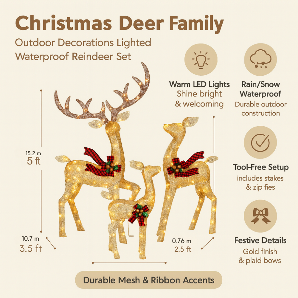 Illuminated Reindeer Family Yard Decoration for the Holidays