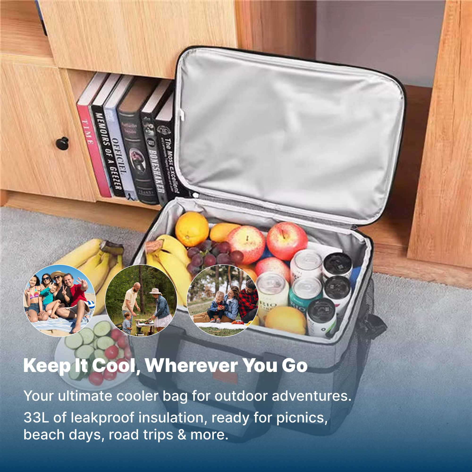 33L Insulated Waterproof Cooler Bag for Outdoor Snacks and Drinks