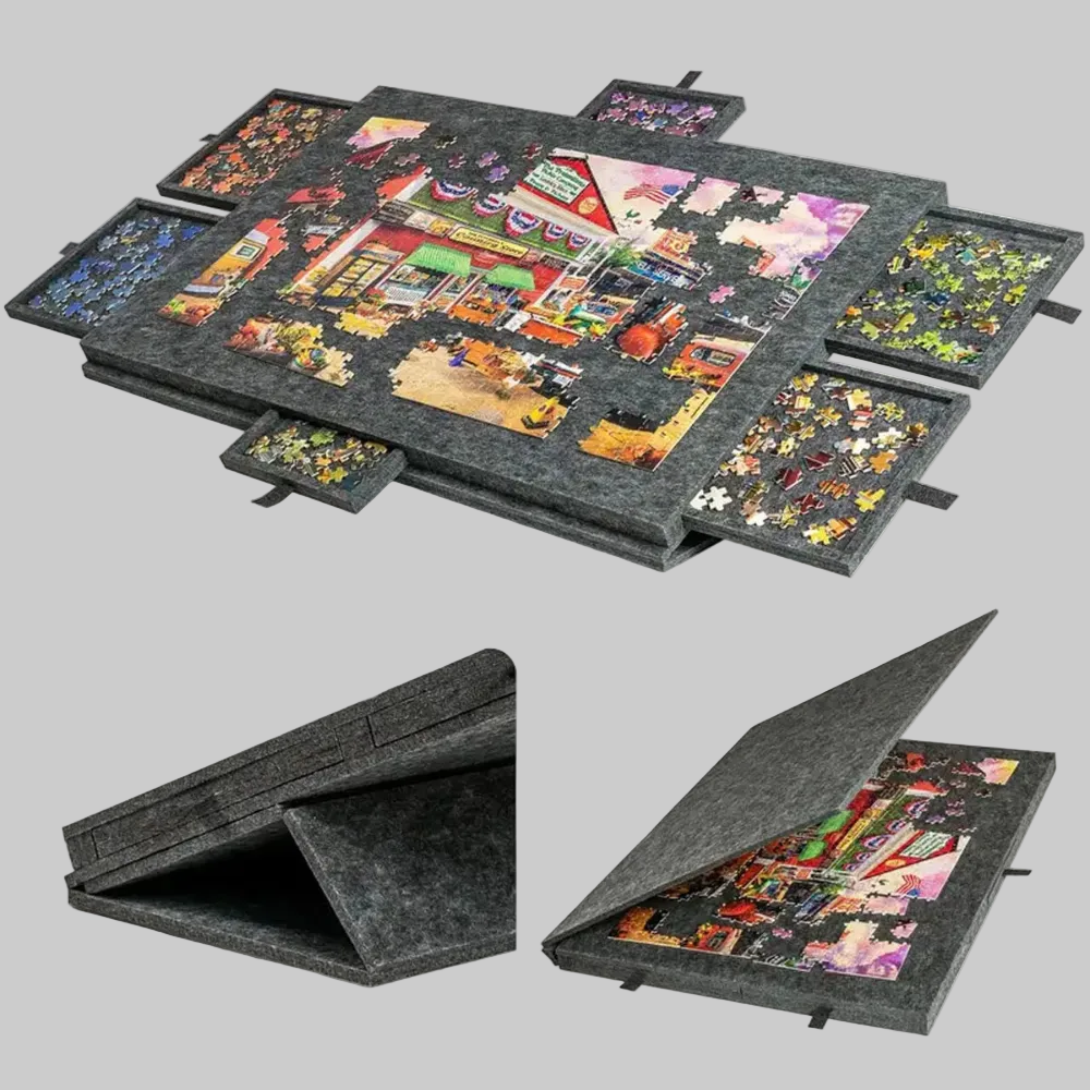 Versatile Puzzle Organizer with Adjustable Board and Drawers
