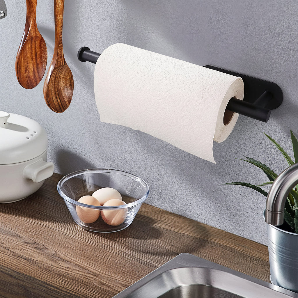 Space-Saving Under-Cabinet Paper Towel Holder in Black Steel