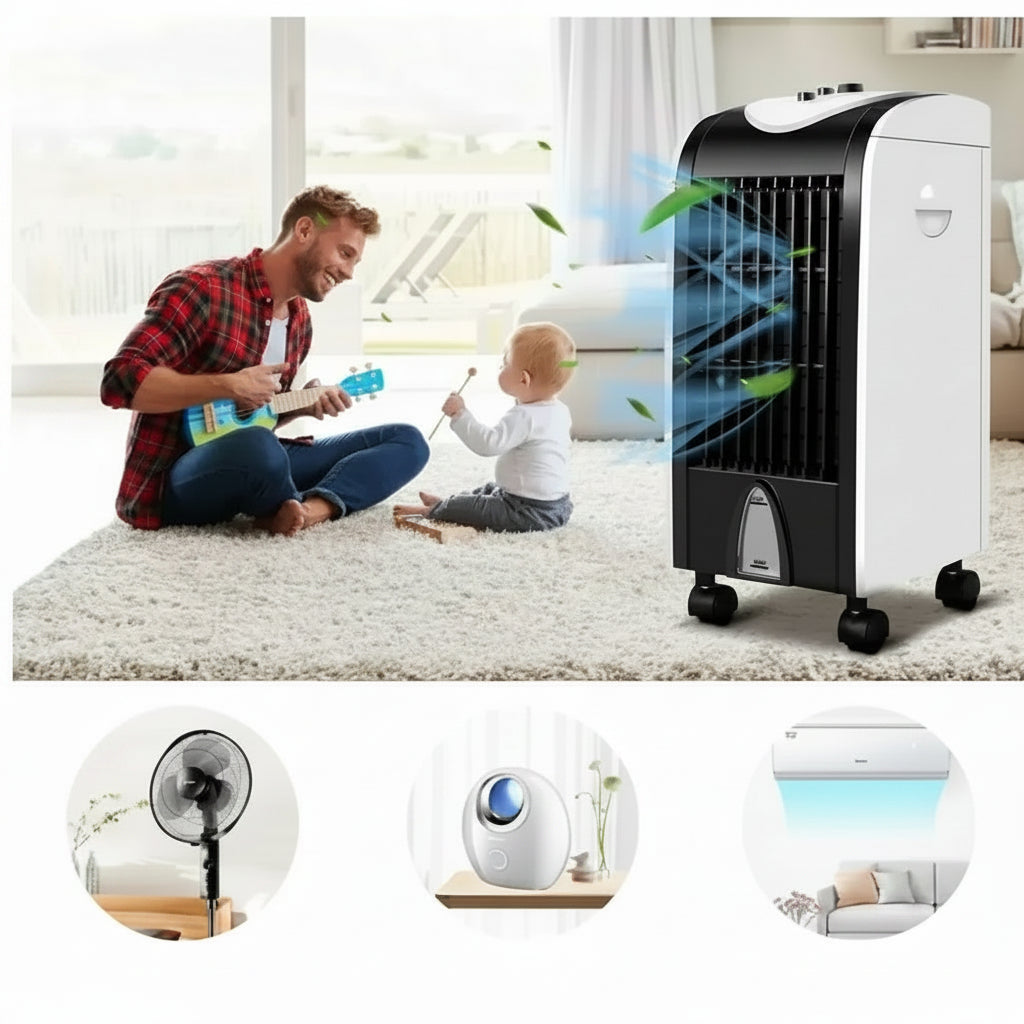 Compact 3-in-1 Evaporative Air Cooler with Refillable Tank for Home and Office