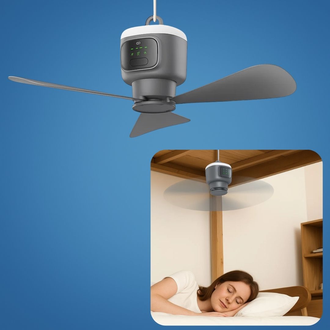 Ceiling Fan with LED Light and Remote Control – 30-Hour Battery Life, Compact for Home and Travel