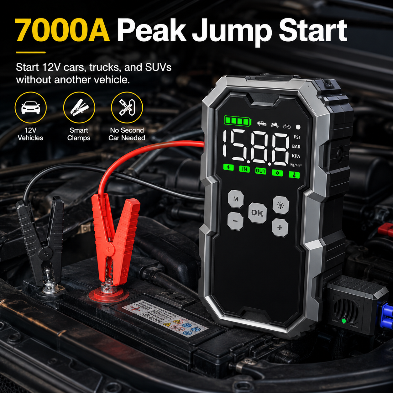 7000A Portable Jump Starter with 150 PSI Air Pump & 30000mAh Power Bank for 12V Cars