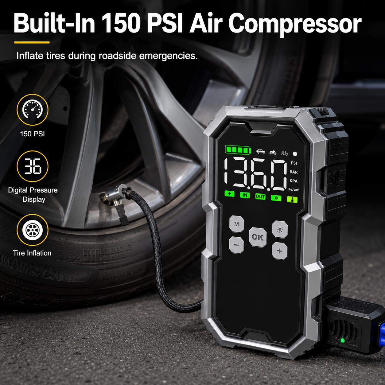 7000A Portable Jump Starter with 150 PSI Air Pump & 30000mAh Power Bank for 12V Cars