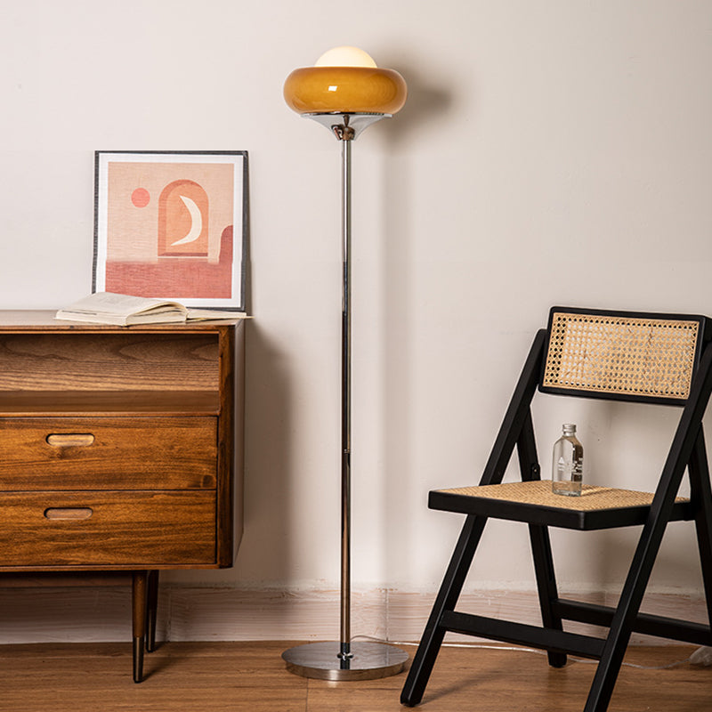 Taavita Mid-Century Floor Lamp made of chrome metal, brown glass, and opal