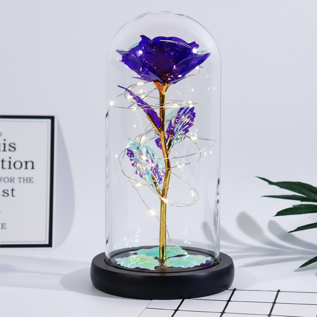 Elegant Rose Display Under Glass Dome with Soft LED Lights