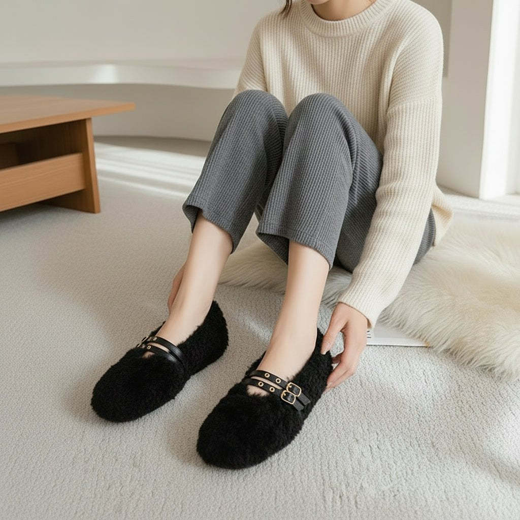 Chic Comfort Wool-Fur Slip-On Loafers for Women with Stylish Accents