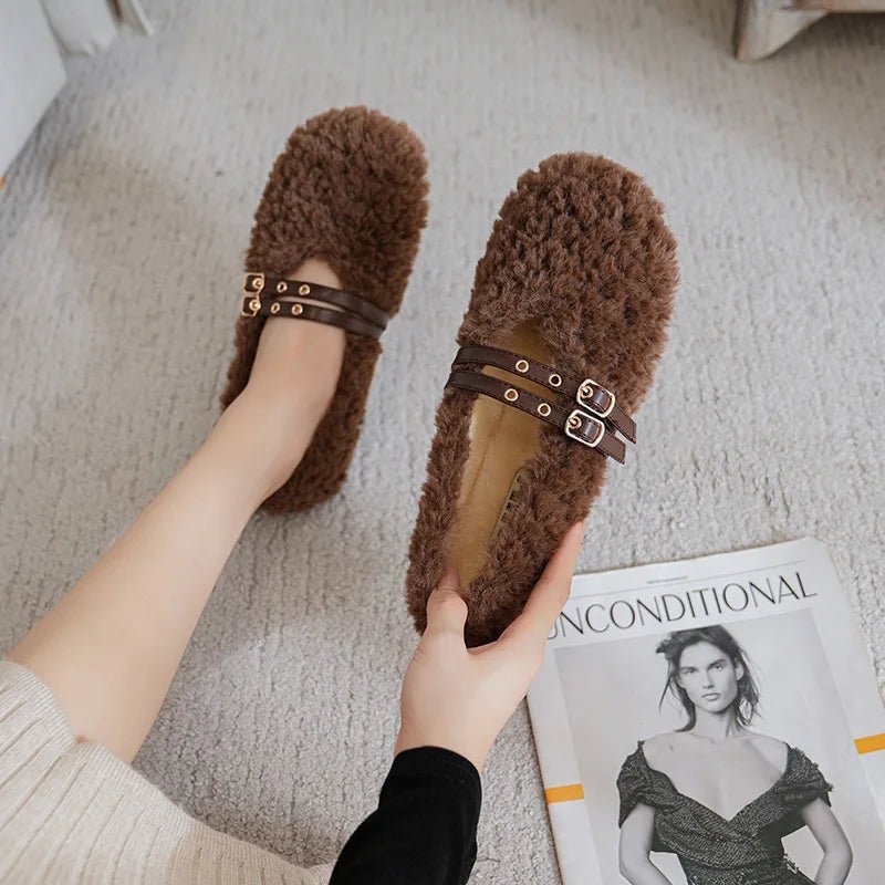 Chic Comfort Wool-Fur Slip-On Loafers for Women with Stylish Accents