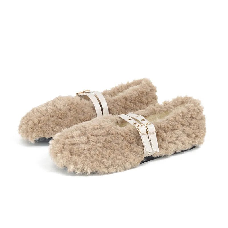 Chic Comfort Wool-Fur Slip-On Loafers for Women with Stylish Accents