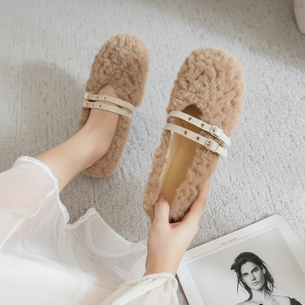 Chic Comfort Wool-Fur Slip-On Loafers for Women with Stylish Accents