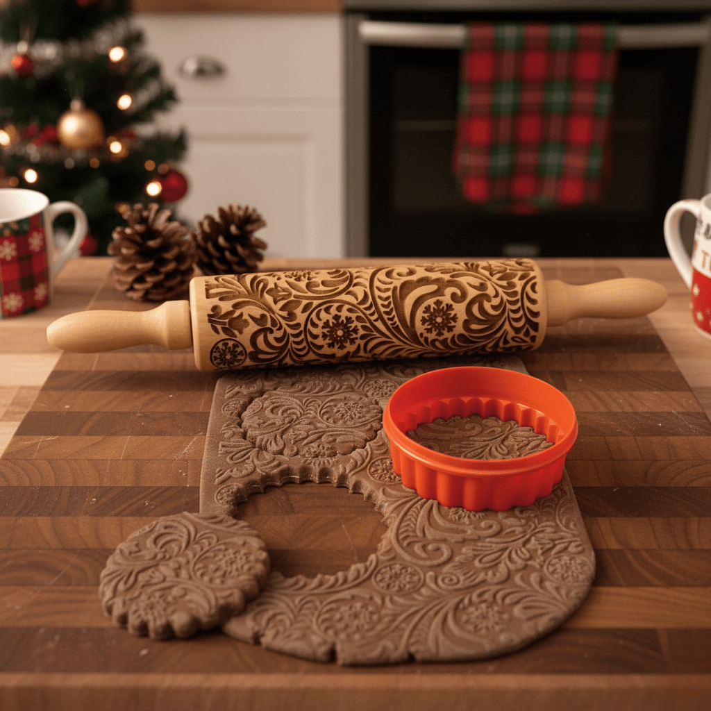 FestiveCraft Artisan Rolling Pin with Holiday Embossing