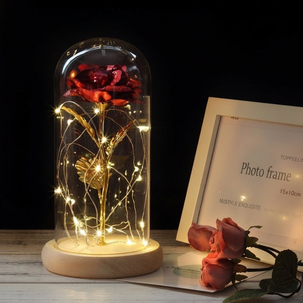 Eternal Rose Table Lamp with Wooden Base and LED Glow