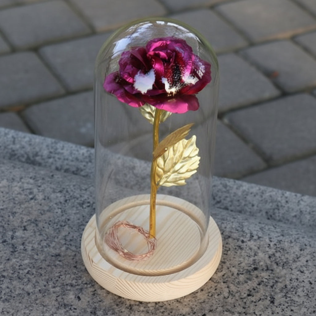 Eternal Rose Table Lamp with Wooden Base and LED Glow