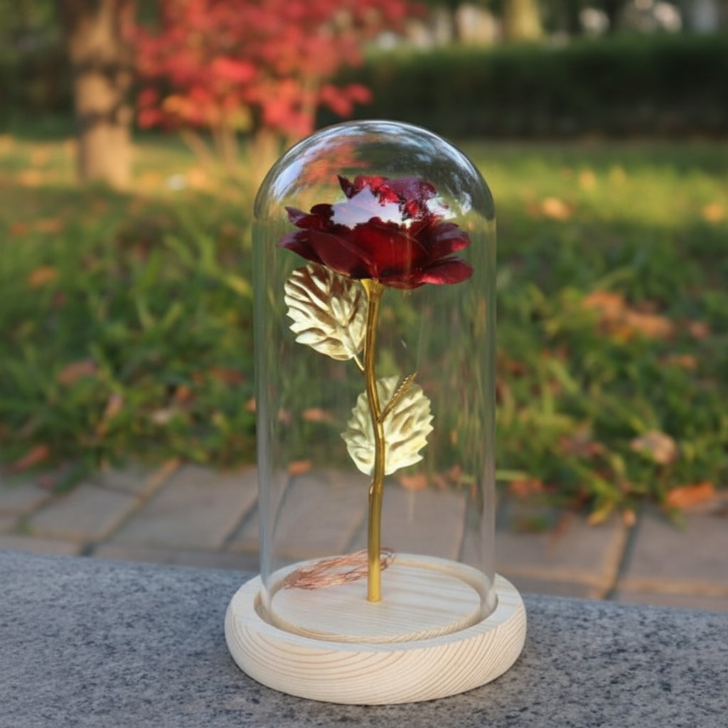 Eternal Rose Table Lamp with Wooden Base and LED Glow