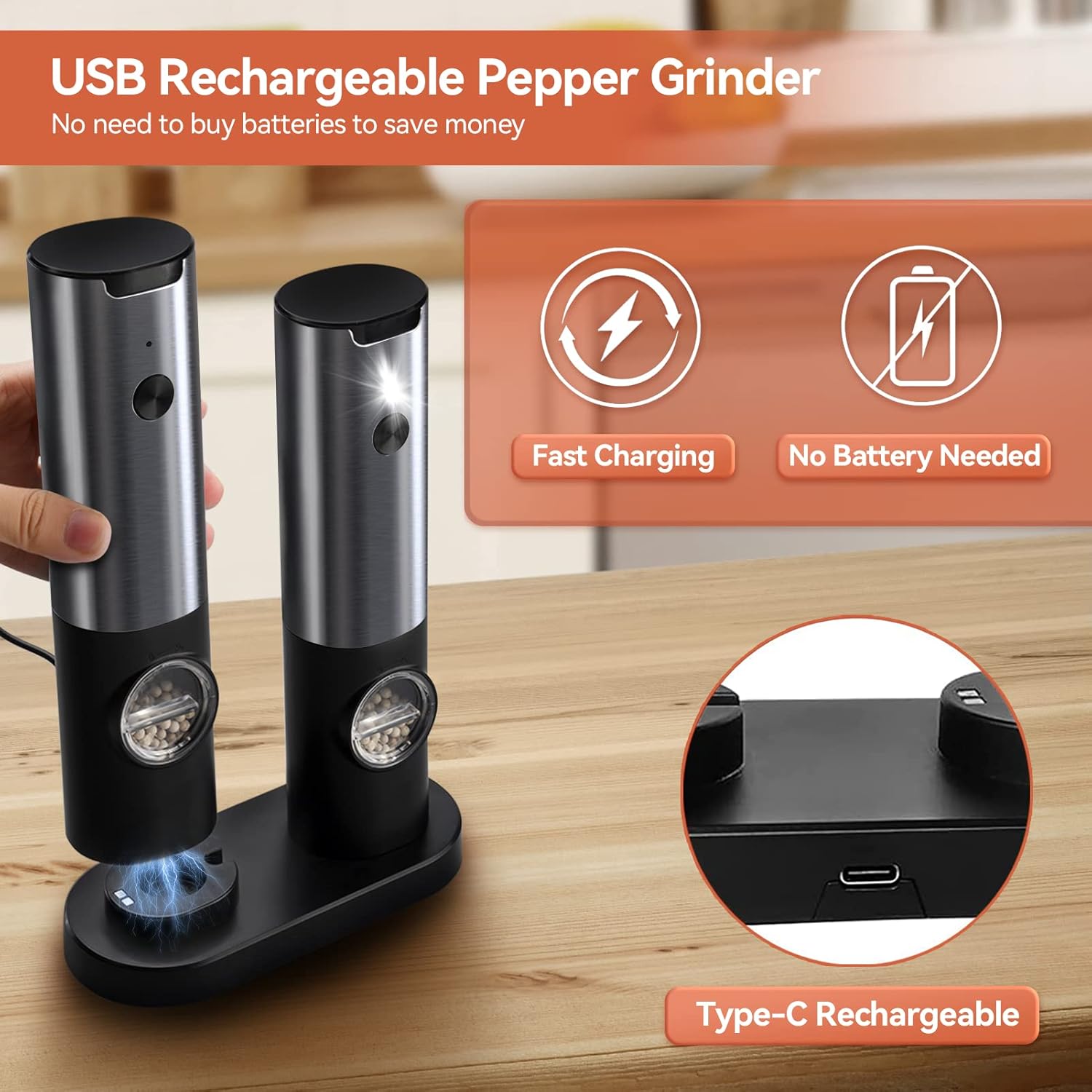 Electric Salt and Pepper Mills with LED Light - Rechargeable, One-Hand Use