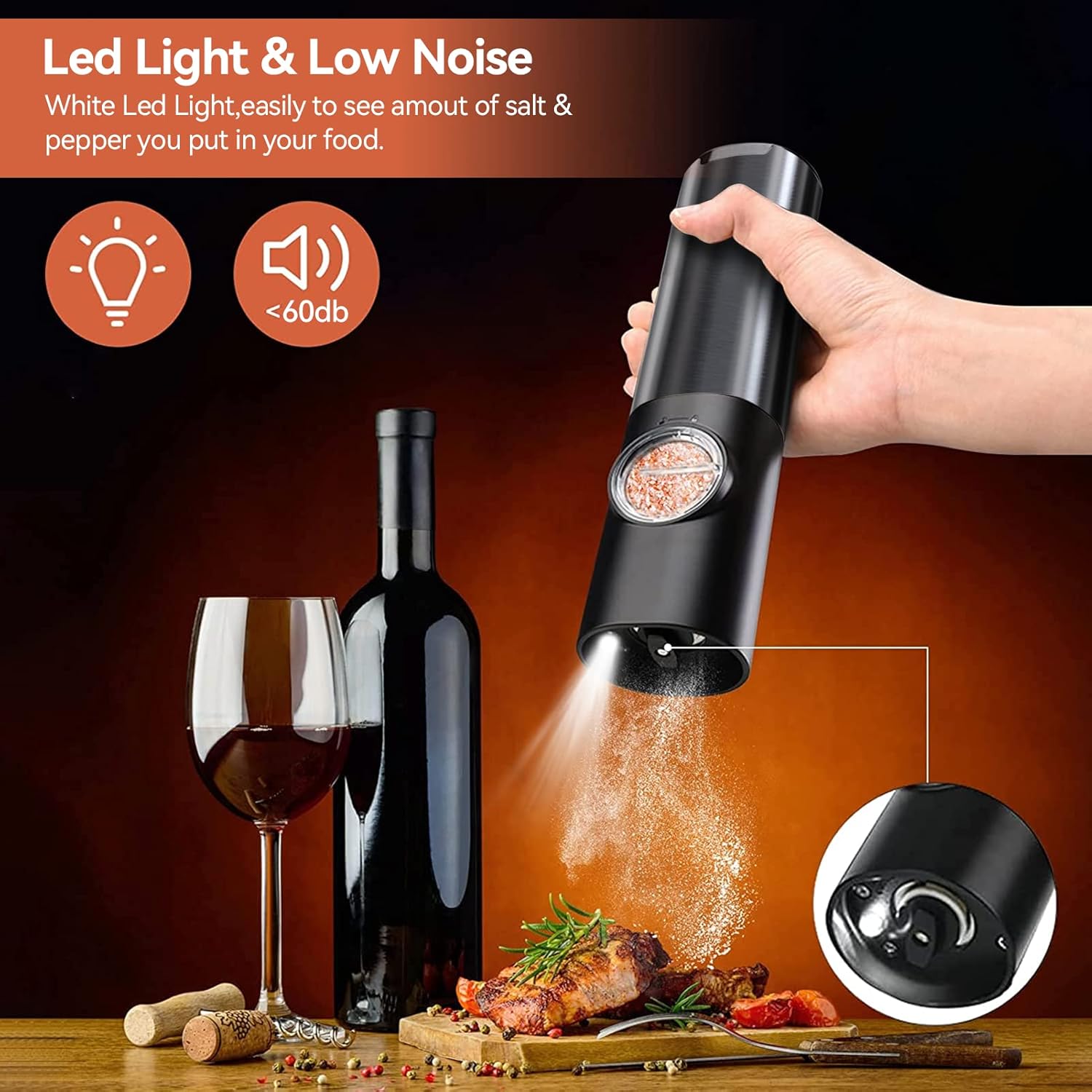 Electric Salt and Pepper Mills with LED Light - Rechargeable, One-Hand Use