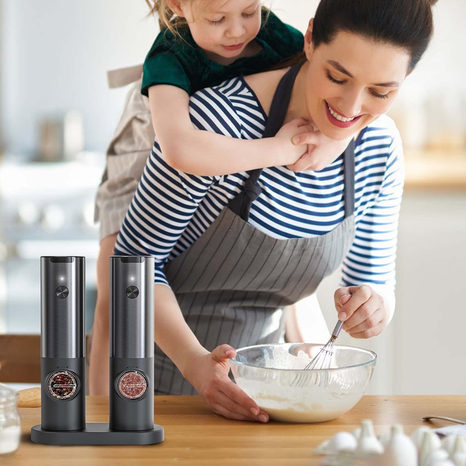 Electric Salt and Pepper Mills with LED Light - Rechargeable, One-Hand Use