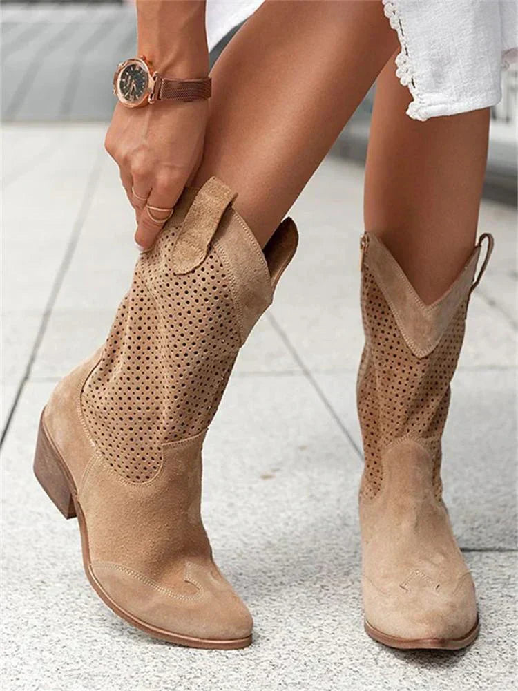 Women’s Leather Boots | Perforated Mid-Calf Western Style | Breathable Design & Stacked Heel | Comfortable All-Day Fit