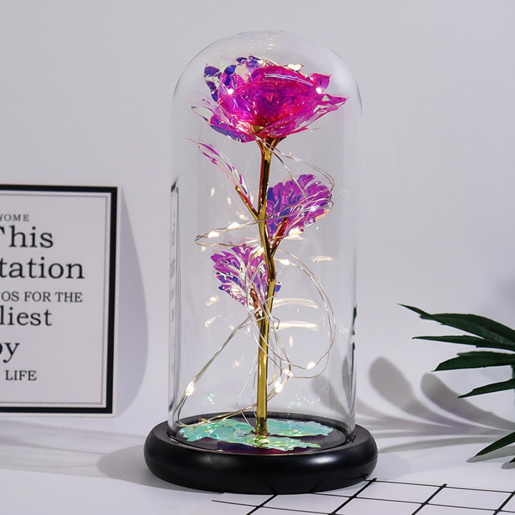 Elegant Rose Display Under Glass Dome with Soft LED Lights