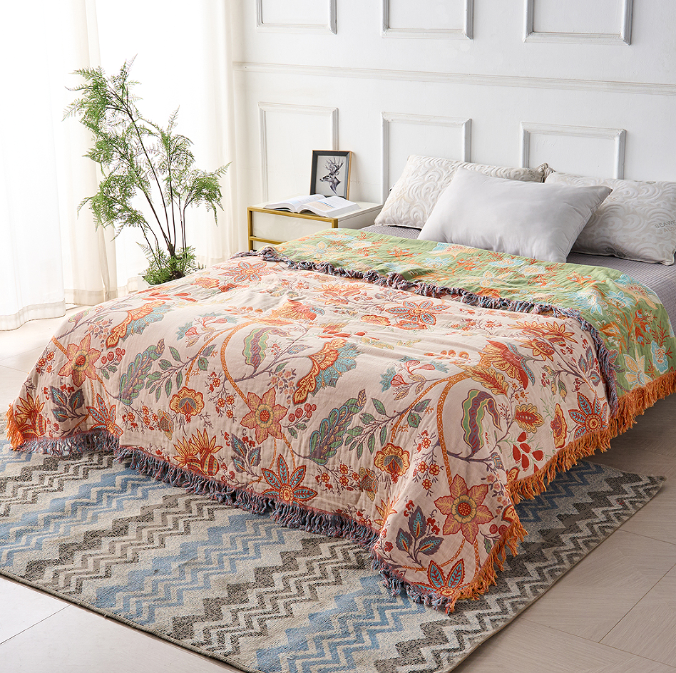 Breathable Cotton Blanket with Rustic Floral Boho Design for Sensitive Skin